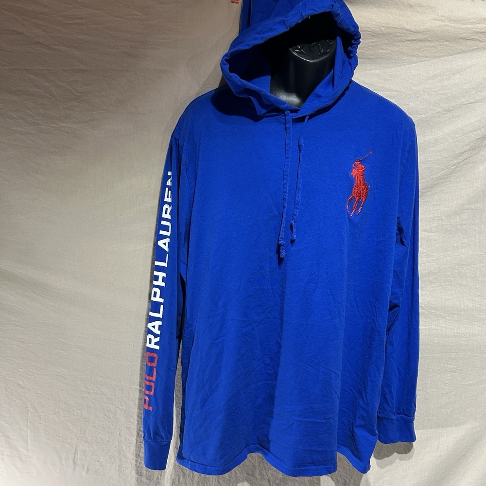 Polo Ralph Lauren Mens XXL Blue Hooded Long Sleeve T-Shirt Big Pony Spellout